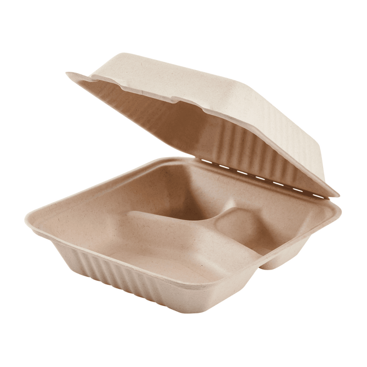 Karat Earth 8''x8'' PFAS Free Compostable Bagasse Hinged Containers, Natural, 3 Compartments - 200 pcs