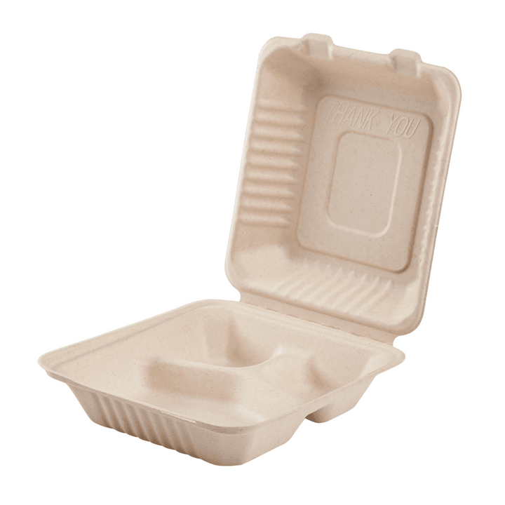 Karat Earth 8''x8'' PFAS Free Compostable Bagasse Hinged Containers, Natural, 3 Compartments - 200 pcs