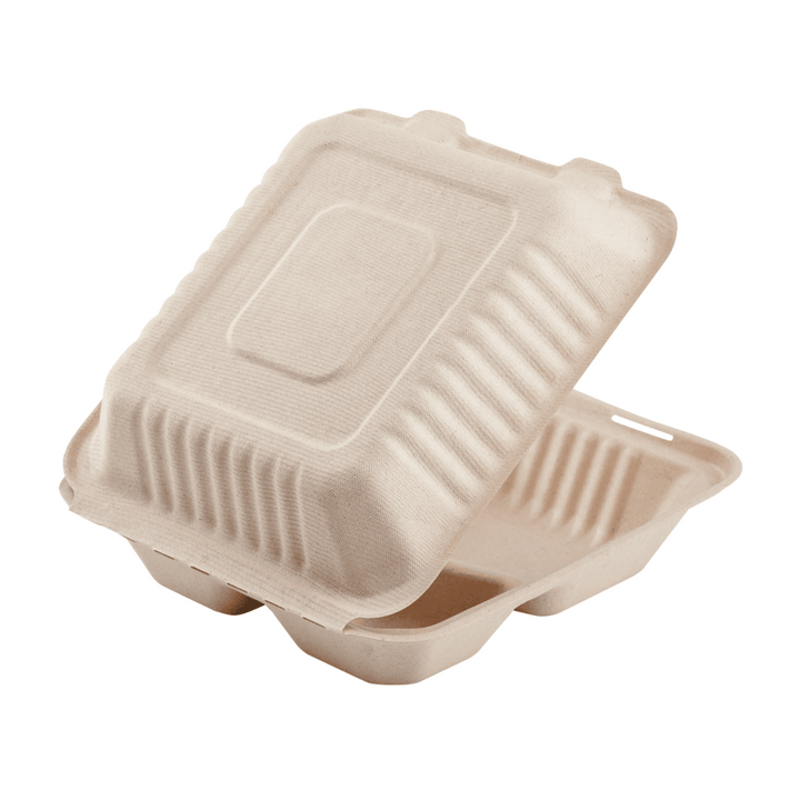 Karat Earth 8''x8'' PFAS Free Compostable Bagasse Hinged Containers, Natural, 3 Compartments - 200 pcs