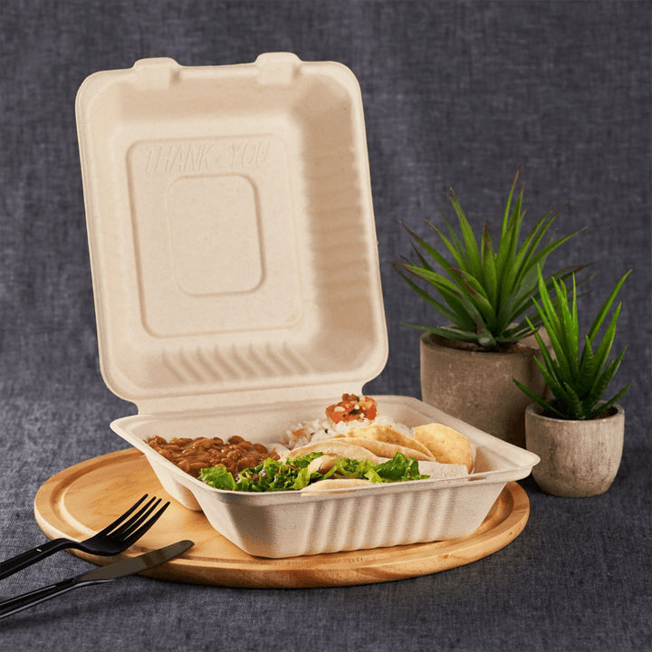 Karat Earth 8''x8'' PFAS Free Compostable Bagasse Hinged Containers, Natural, 3 Compartments - 200 pcs