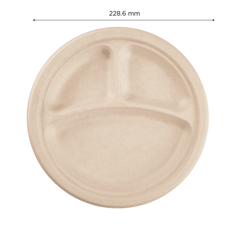 Karat Earth 9'' PFAS Free Compostable Bagasse Round Plates, Natural, 3 Compartments - 500 pcs