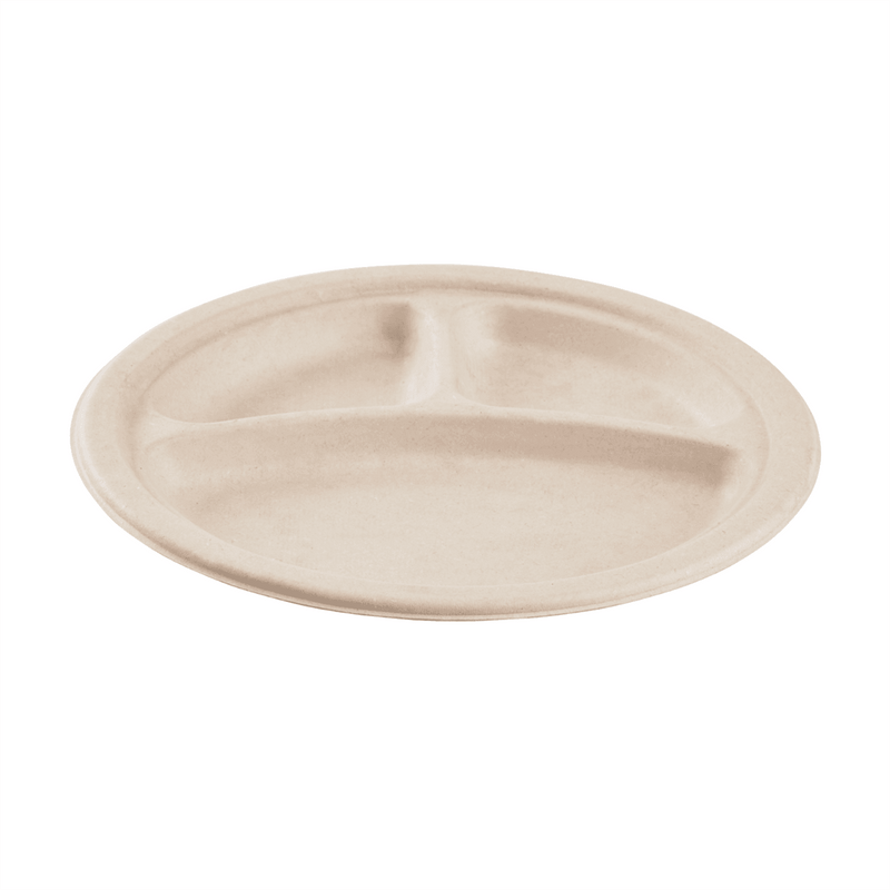 Karat Earth 9'' PFAS Free Compostable Bagasse Round Plates, Natural, 3 Compartments - 500 pcs