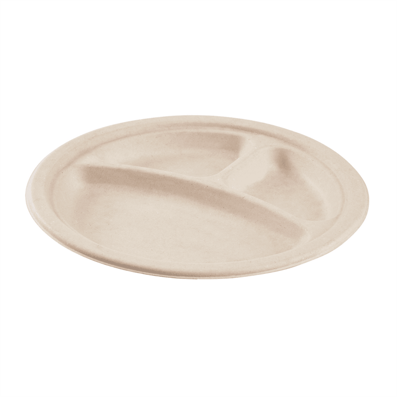 Karat Earth 9'' PFAS Free Compostable Bagasse Round Plates, Natural, 3 Compartments - 500 pcs