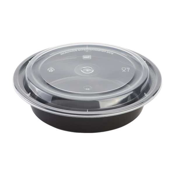 Karat 24 oz PP Plastic Microwavable Round Food Containers & Lids, Black - 150 sets
