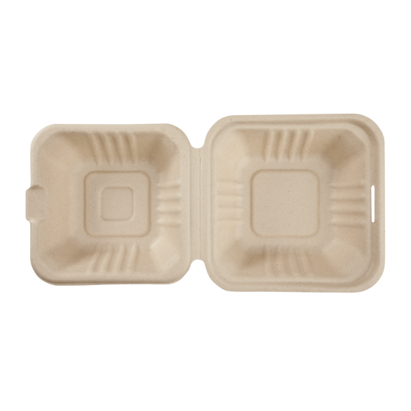 Karat Earth 6'' x 6'' Compostable Bagasse Hinged Containers, Natural - 500 pcs