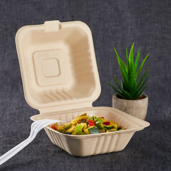 Karat Earth 6'' x 6'' Compostable Bagasse Hinged Containers, Natural - 500 pcs