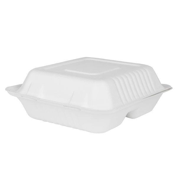 Karat Earth 8''x8'' Compostable Bagasse Hinged Containers, White - 3 Compartments - 200 pcs