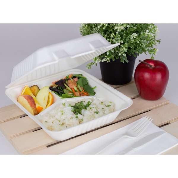 Karat Earth 8''x8'' Compostable Bagasse Hinged Containers, White - 3 Compartments - 200 pcs