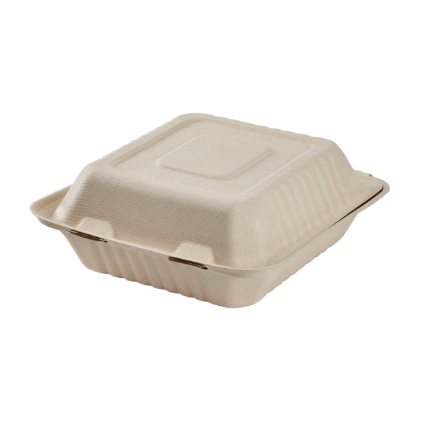 Karat Earth 8'' x 8'' Compostable Bagasse Hinged Containers, Natural - 200 pcs