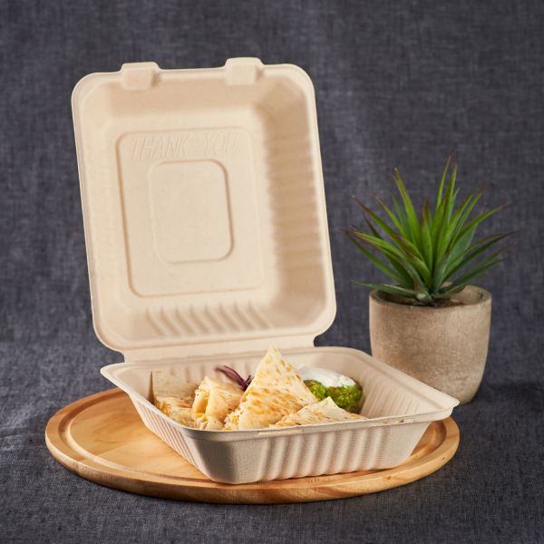 Karat Earth 8'' x 8'' Compostable Bagasse Hinged Containers, Natural - 200 pcs