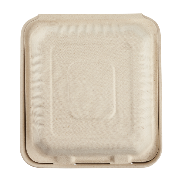 Karat Earth 8'' x 8'' Compostable Bagasse Hinged Containers, Natural, 3 Compartments - 200 pcs