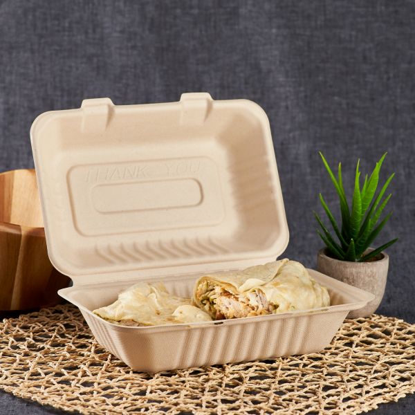 Karat Earth 9'' x 6'' Bagasse Hinged Containers, Natural - 200 pcs