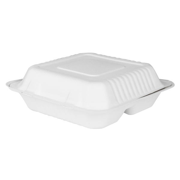 Karat Earth 9"x9" Compostable Bagasse Hinged Container, White, 3 Compartments - 200 pcs