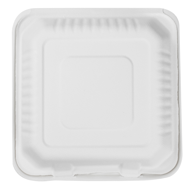 Karat Earth 9"x9" Compostable Bagasse Hinged Container, White, 3 Compartments - 200 pcs