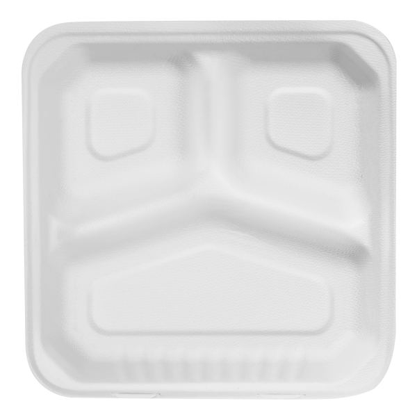 Karat Earth 9"x9" Compostable Bagasse Hinged Container, White, 3 Compartments - 200 pcs
