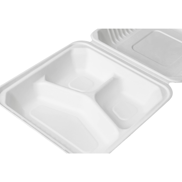 Karat Earth 9"x9" Compostable Bagasse Hinged Container, White, 3 Compartments - 200 pcs