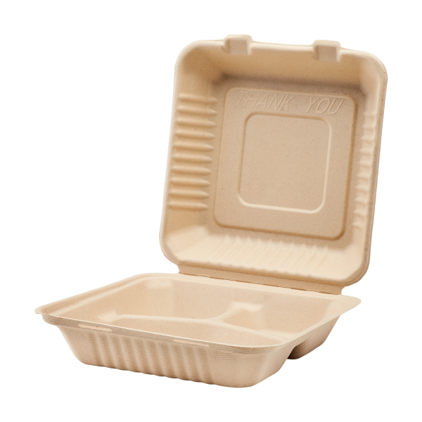 Karat Earth 9'' x 9'' Compostable Bagasse Hinged Containers, Natural, 3 Compartments - 200 pcs