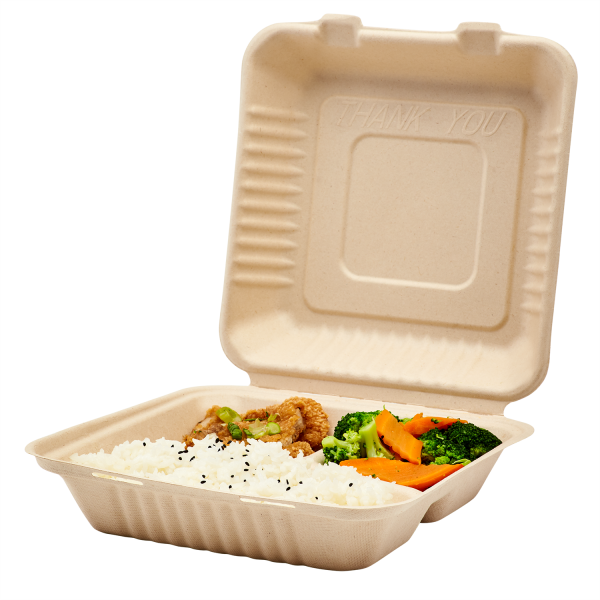 Karat Earth 9'' x 9'' Compostable Bagasse Hinged Containers, Natural, 3 Compartments - 200 pcs