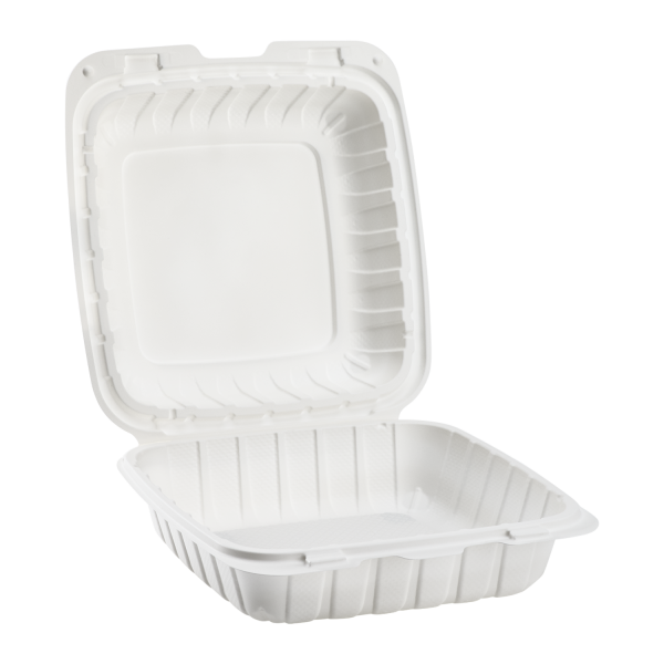 Karat Earth 8" x 8" Mineral Filled PP Hinged Container, 1 compartment, White - 200 pcs