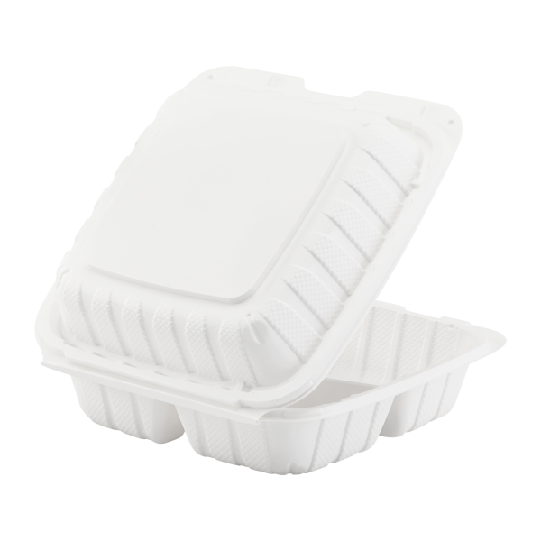 Karat Earth 8" x 8" Mineral Filled PP Hinged Container, 3 compartments, White - 200 pcs