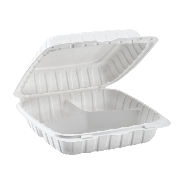 Karat Earth 9" x 9" Mineral Filled PP Hinged Container, 3 compartments, White - 120 pcs