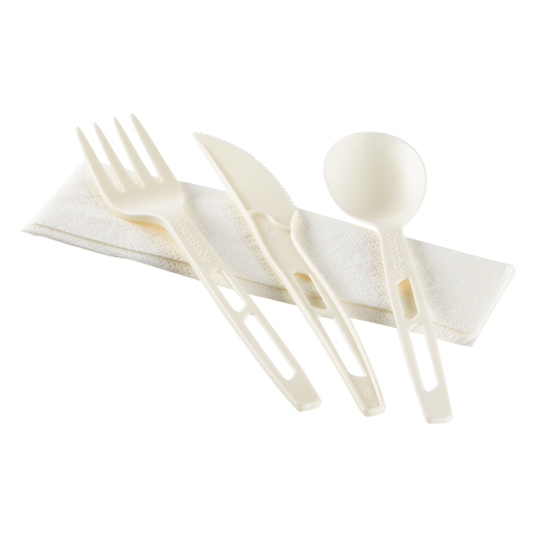 Karat Earth Heavy-Weight CPLA Compostable Cutlery Kits (Knife, Fork, Tea Spoon, 2-ply Napkin), White - 250 sets