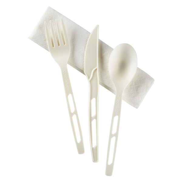 Karat Earth Heavy-Weight CPLA Compostable Cutlery Kits (Knife, Fork, Tea Spoon, 2-ply Napkin), White - 250 sets