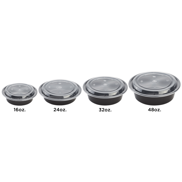 Karat 24 oz PP Plastic Microwavable Round Food Containers & Lids, Black - 150 sets
